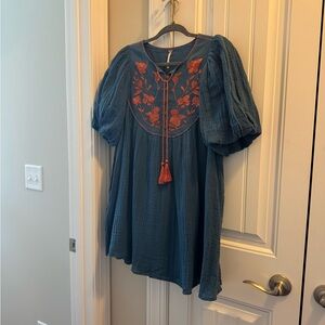Free People Blue Tunic with Orange Embroidery